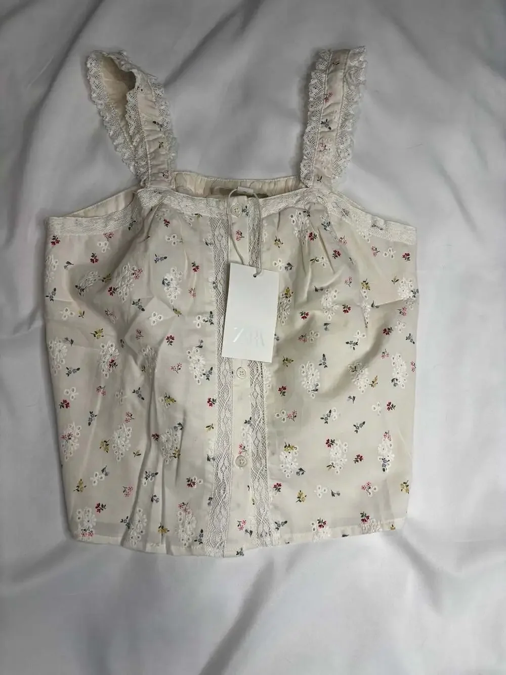 Zara Schiffly Lace Trim Top Ecru Floral 13-14 Years